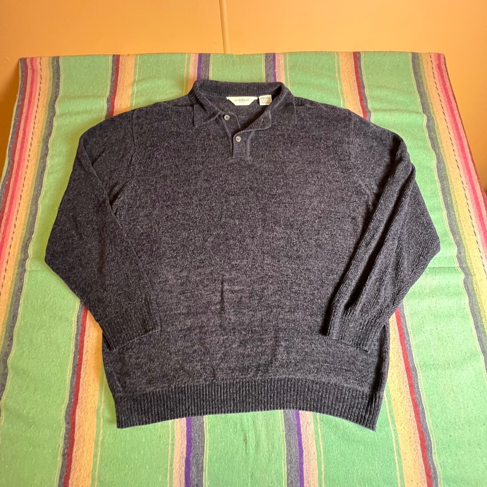 Knightsbridge Polo Sweater Mens XL Gray Chenille Knit Long Sleeve Collared Top